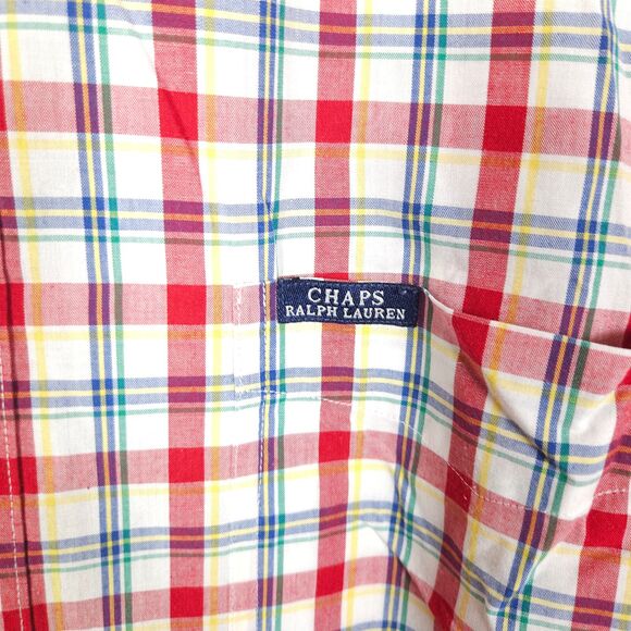 VTG Chaps Ralph Lauren Mens Large Red Plaid Short Sleeve Button Down Shirt - Picture 2 of 7